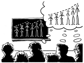 A blackboard  showing stick figures with some of the women taller than some of the men. Stick figures in the thoughts of listeners with all the men taller than all the women.