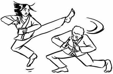 Two people, one doing a karate kick, one ducking.