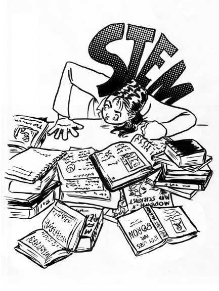 Women at desk, covered with text books, being weighed down by STEM(Science, Technology, Engineering and Mathematics).